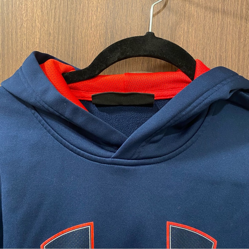 Under Armour Navy Fleece Hoodie Size Large Pullover Sweatshirt Loose Coldgear - Picture 4 of 17